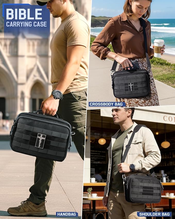 RXW Large Bible Cover Bag for Men Women, Tactical Bible Carrying Case Fully Padded of Double Layer Design, Utility Church Bag Organizer with Shoulder Strap for Tablet Art EDC, Christian Gifts for Mom