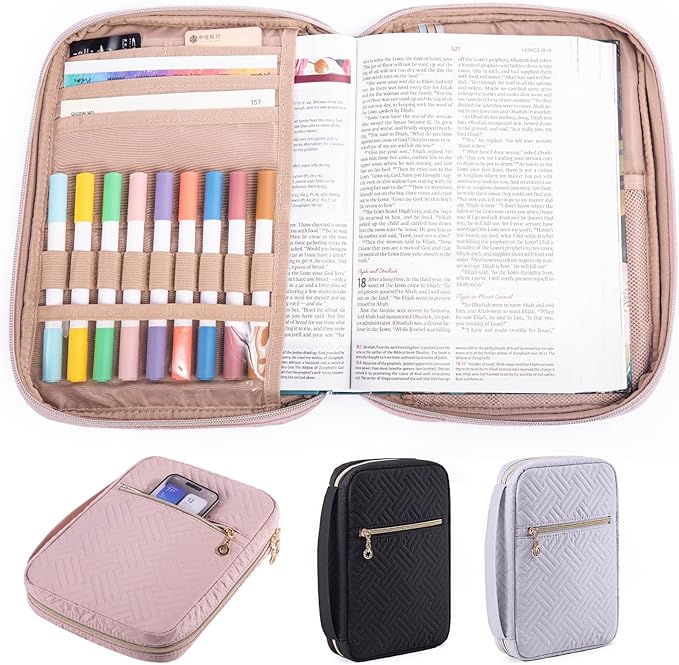 APLUFINE Quilted Bible Cover for Women, Zippered Organizer Bag with Sleeve for Study Supplies, Accessories & Journals, Church Carrying Gift for Girls, Book Carrying Case