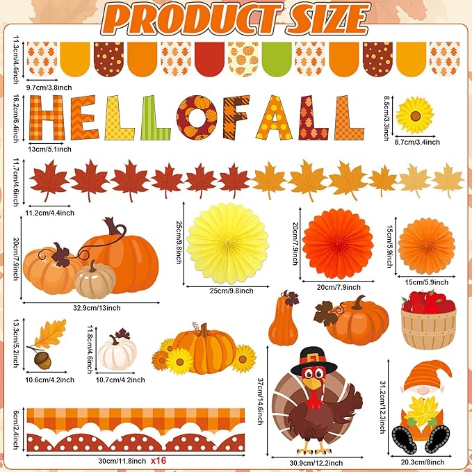 Hello Fall Bulletin Board Decorations Set with 3D Tissue Paper Flower Paper Fan DIY Fall Thanksgiving Classroom Bulletin Board Border Maple Leaves Pumpkins Cutouts for Library Home Chalkboard Supplies