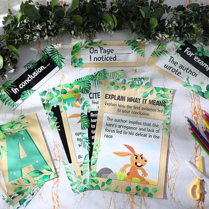 Outus 36 Pcs RACES Writing Strategy Bulletin Board Set, Alphabet Cutout Poster Sentence Starters Cards for Elementary School Classroom, Writing Display Wall Decoration Teacher Supply(Greenery)