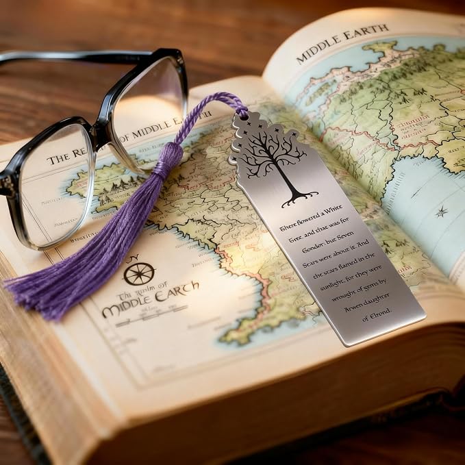 Lord of Rings Themed Metal Bookmark with Tassel for Men & Women, Stainless Steel Book Marker Gift for Fantasy Book Lovers-White Tree of Gondor