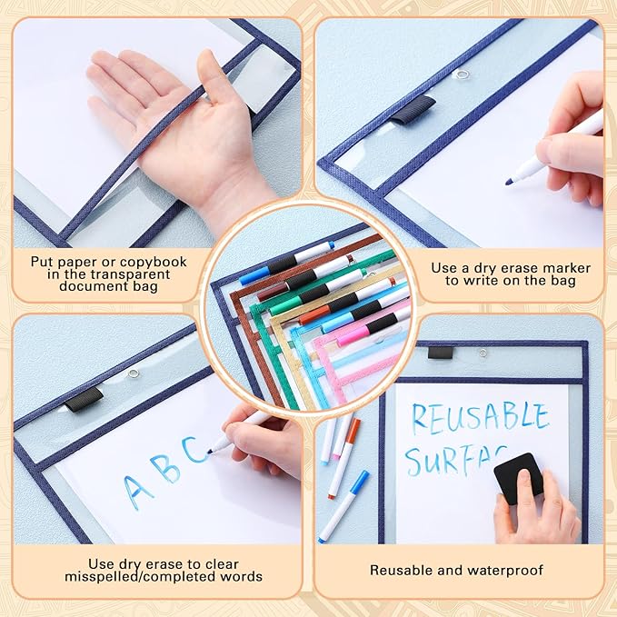 24 Pcs Dry Erase Pocket Reusable Sleeves 10" x 14" Clear Plastic Sheet Protectors with Markers and Mini Dry Erasers for Paper(Advanced Boho)