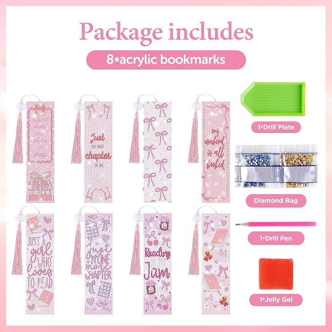 8 Pieces Christian Bible Verse Diamond Art Bookmarks 5d Christian Beaded Bookmark Acrylic Tassel Bookmark for DIY Making Beginners Adults Arts Craft Supplies (Pink Bow-1)