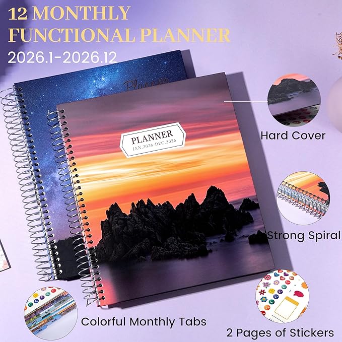 CAGIE 2026 planner Weekly and Monthly Jan 2026-Dec 2026 Hardcover Hourly Daily Planners for Women 26 Calendar Planner with Stickers Spiral Bound Yearly Agenda, 8.5 x 11, Purple
