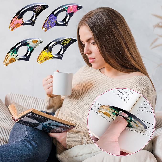 Cobee 4 Pcs Dried Flower Page Holders, Handcraft Thumb Ring Resin Bookmarks, Floral Opener Cute Reading Accessories Gift for Book Lovers