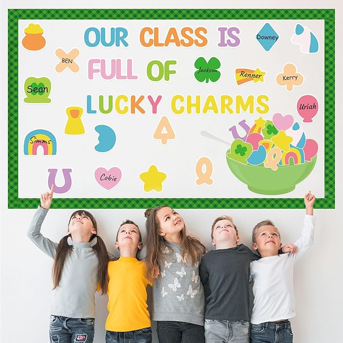 127Pcs St. Patrick's Day Bulletin Board Classroom Decoration Lucky Charms Cutouts Shamrock Clover Name Tags Green Plaid Border Trim School Classroom Party Supplies Chalkboard Wall Door Decor