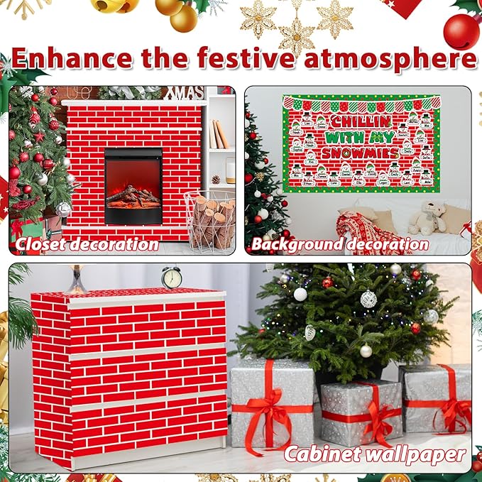 Christmas Red Brick Bulletin Board Roll Plastic 15.75inch x 23ft Peel and Stick Non-Fading Resistant Anti Wrinkle Christmas Bulletin Board Roll for Classroom Wrapping Paper Supply Wall Decoration
