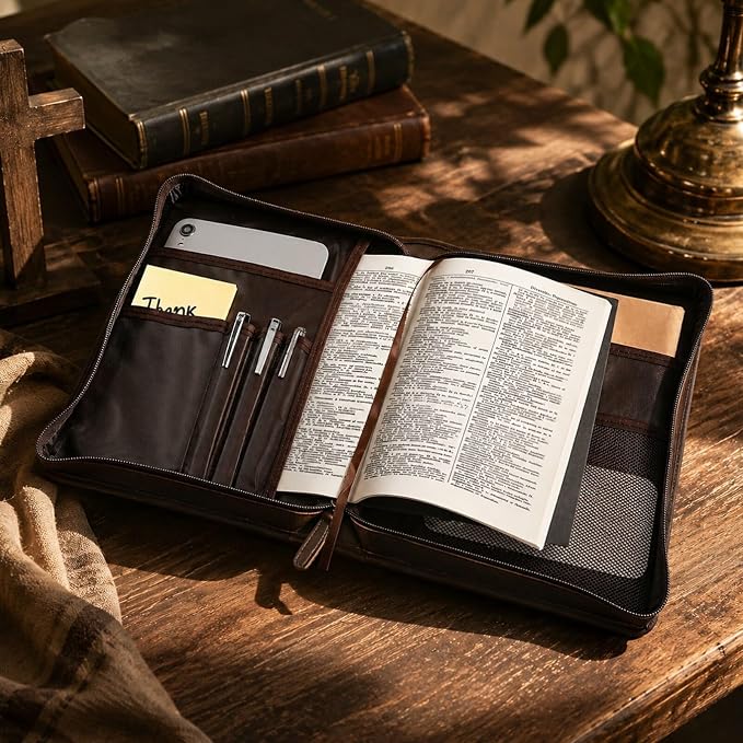 Polare Full Grain Leather Bible Cover with Cross, Christian Bible Carrying Case Organizer for Men & Women, Vintage Church Bible Study Bag with YKK Zipper, Religious Gift (Dark Brown(Metal Cross))