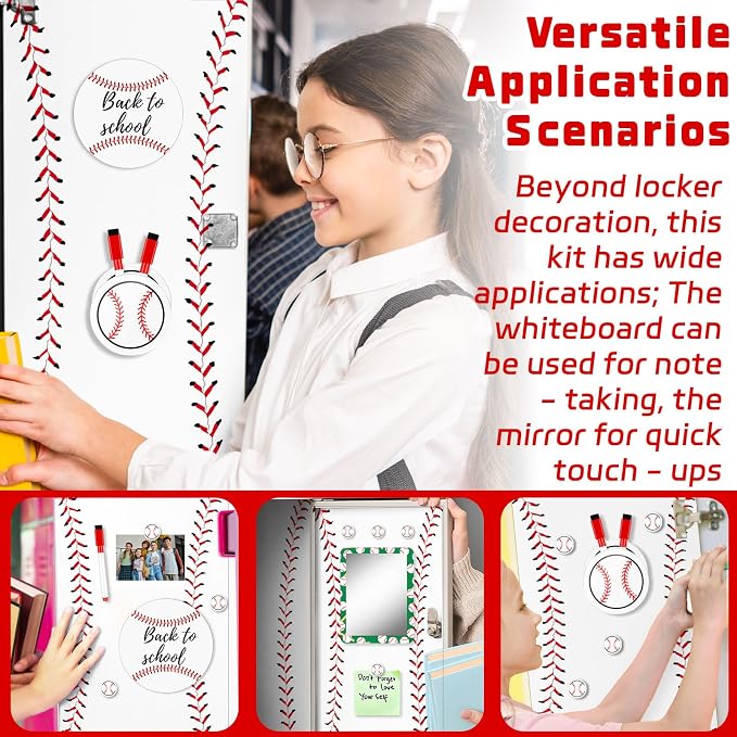 Demonwer 12 Pcs Locker Accessories Kit Baseball Themed Magnetic Whiteboard Mirror Pen Holder Baseball Stickers for Back to School Essentials Locker Decorations
