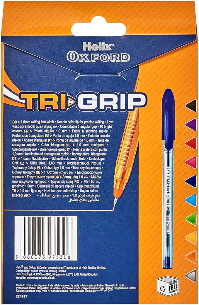 Helix Oxford Tri-Grip Ballpoint Pens (x10 Pack Assorted Colours) with Plastic Free Packaging
