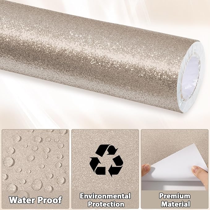 Glitter Bulletin Board Paper Roll Sparkle Wrapping Paper Bulletin Board Decor Glitter Poster Gift Wrapping DIY Art Crafts Wallpaper Background for Home Office Classroom Decor 17"x20ft, Champagne Gold