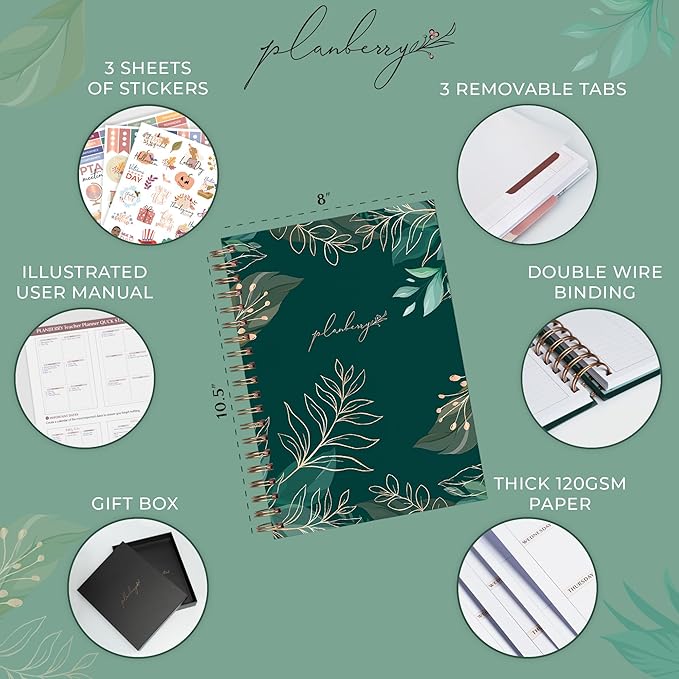 PLANBERRY Teacher Planner – Undated School Year Plan Book for Teachers with Calendars & Lesson Plans – Planner for Classroom Organization & Homeschool – 8”x10.5” Hardcover (Green Pastures)