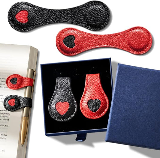 2Pcs Magnetic Leather Bookmarks with Gift Box Magnetic Pen Holder Book Marks Clip Gift for Book Lover Readers Men Women Teachers Students, Heart Bookmarks