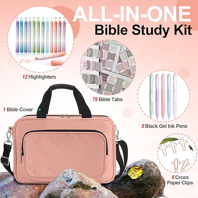 Large Bible Cover Case for Women, Book Carrying Case with Highlighters Tabs Pens, Bible Bag for Girls Organizer, Bible Holder Bible Study Supplies Journaling Kit, Christian Gifts Pink