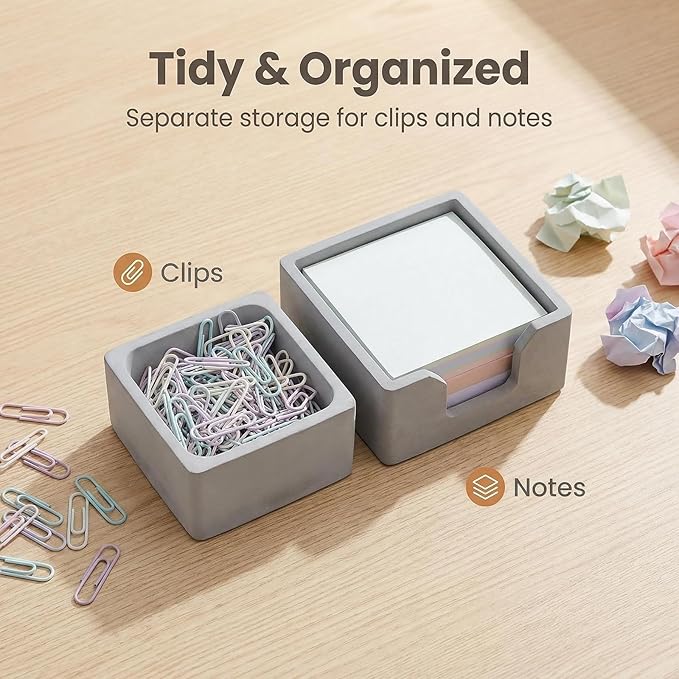 Concrete Desk Organizer Set of 2 - Minimalist Sticky Note Holder & Paper Clip Dispenser - Heavy Duty Office Desk Accessories with Non-Slip Base for Home Workspace Organizer & Desk Decor, Gray