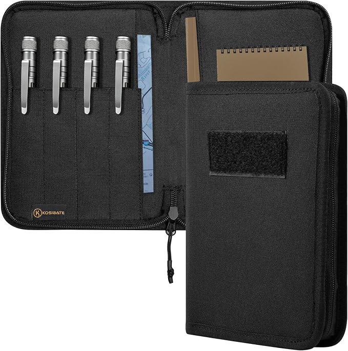 Kosibate Tactical Notebook Cover with Zipper,7.5x5 Inch OCP Military Notebook Cover, Detachable Army Field Tactical Portfolio Organizer with Flag Patch, for Protecting Notes, Book(Black, Cover Only)