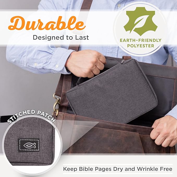 Christian Art Gifts Men/Women's Bible Cover Jesus Fish, Gray Canvas, Small