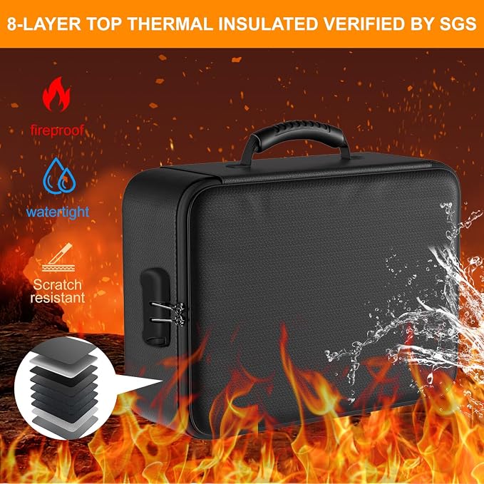 Fireproof Document Box, Multi-Layer Heat Insulated Fire and waterproof office bag with lock，Portable family outdoor travel bags are suitable for storing important documents and valuable.