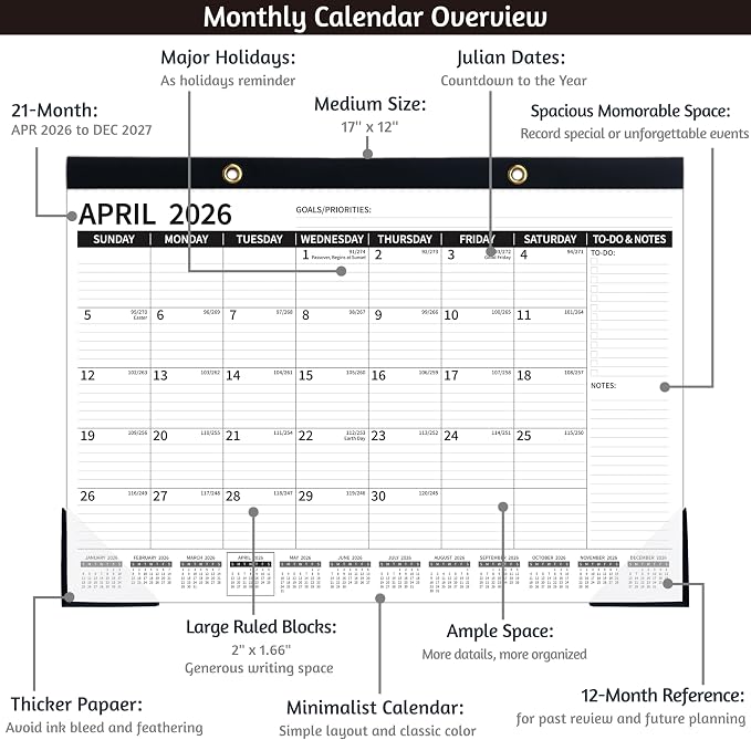 Desk Calendar 2026-2027 – Apr 2026 – Dec 2027, 21 Monthly Desk Calendar, 2026 Large Desk Calendar, 17'' x 12'', 2026-2027 Desk/Wall Calendar with To-do Lists, Desk Pad, Ruled Blocks, Corner Protectors