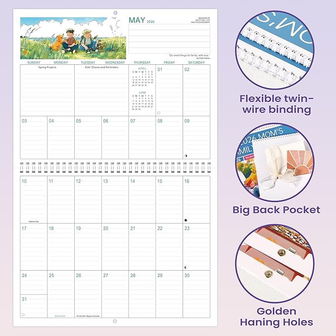 2026 Moms Calendar - Mom's Family Organizer & Calendar 2026, 14.6''x 23'', Jan 2026 to Dec 2026 Hanging Wall Calendar, Larger Grid, Back Pocket, Stickers