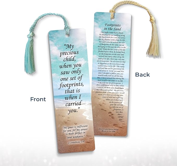 Footprints in The Sand Bookmark - 12 Pack, 2-Sided, Christian Inspirational Bible Book Mark with Tassels, Bulk Religious Book Markers for Reading, 7.25"x2" (12 Bookmarks)