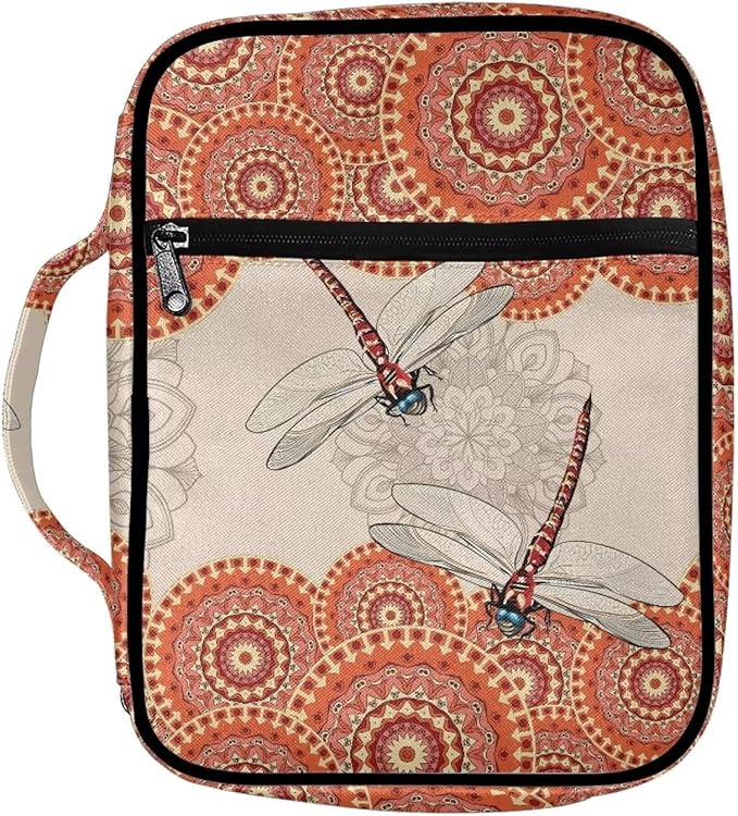 Suobstales Boho Mandala Dragonfly Print Zipper Bible Cover Case Cross for Women Bible Bag Carrying Case Carrying Book Case Church Bag Bible Protective with Handle