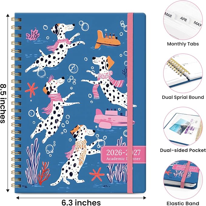 Planner 2026-2027, Monthly and Weekly Calendar Academic Planner July 2026 - June 2027, Hardcover Student Teacher Planning Agenda Book with Tabs, Perfect for Office School Supplies, A5 (6.3" x 8.5") - Submerged Dalmatians