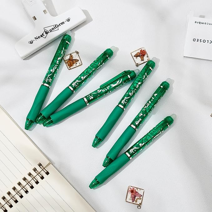 6 Pcs Retractable Erasable Pens, Colored Gel Green Ink Pens Clicker with Erasers, 0.5mm Fine Point Smooth Writing Pen for Journaling Note-Taking Crossword Puzzles Supplies (Green)