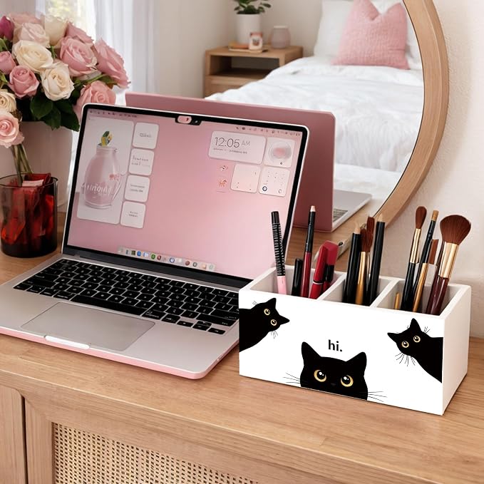 Black Cat Desk Organizer Wooden Pen Pencil Holder for Desk, 3 Compartments Office Desk Accessories, Cute Peeking Cat Desk Decor, Funny Cat Lover Gifts for Women Home Office Desk Storage