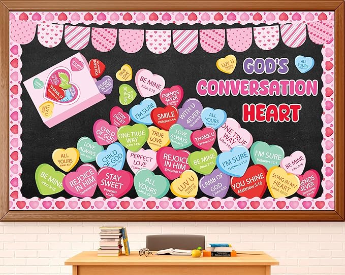 gisgfim Valentine's Day Conversation Heart Bulletin Board Set Decorations Christian Sweetheart Classroom Decor Jesus Religious Cutouts for School Home Chalkboard Valentines Party Supply(God's Heart)