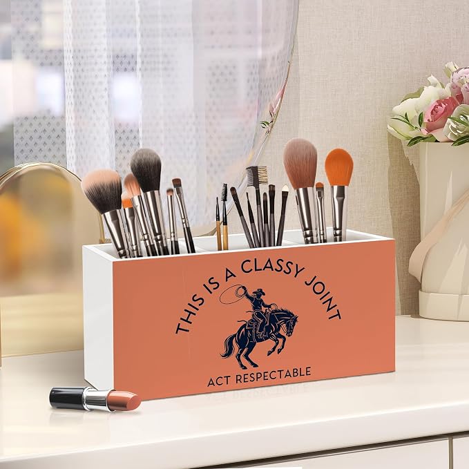 Funny Western Cowboy Pen Holder, Western Office Pen Pencil Holder Organizer for Desk Accessories, Cowboy Gifts, Southwestern Wooden Box Desk Decor for Home Office Desk Decorations