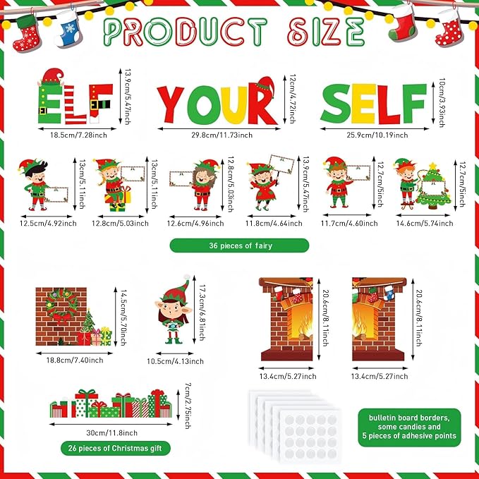 86 Pcs Christmas Bulletin Board Decorations with Gift Boxes Borders Xmas Elf Fireplace Candy Cutouts Christmas DIY Photo Sign for Classroom Decoration School Home Holiday Party