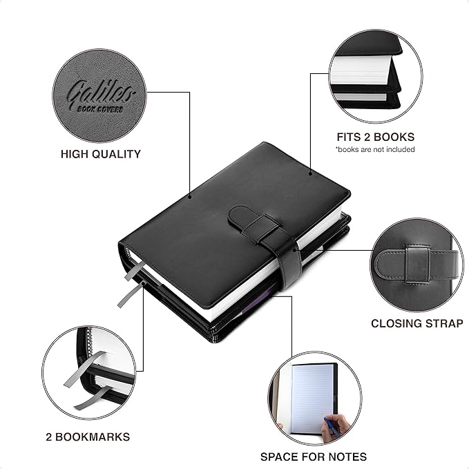 GALILEO® Double AA Big Book Cover & 12 Steps & 12 Traditions | Medallion Holder | AA Gift | Alcoholics Anonymous | PU Leather | AA Book Covers for Hardcover (Plain/Black)