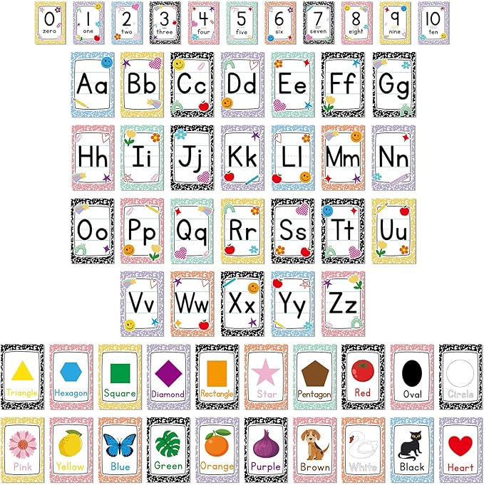 56Pcs Composition Notebook Alphabet Poster for Wall Alphabet Number Bulletin Board Colors Shapes Educational Learning Cards for Teacher