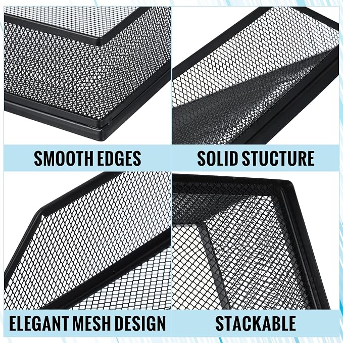 Hicarer 4 Pcs Black Metal Letter Tray Stackable Desk Tray Single Wire Mesh Organizer Front Load File Paper Holder for Desktop Office Home School Classroom (12.8 x 9.84 Inch)