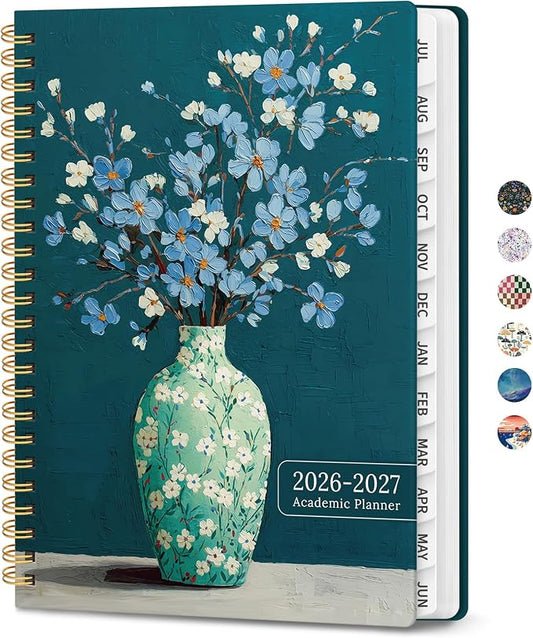 Planner 2026-2027, Monthly and Weekly Academic Planner July 2026 - June 2027, Hardcover Student Teacher Planning Agenda Calendar Book with Tabs, Perfect for Office School Supplies, A5 (6.3" x 8.5") - Teal Blooms