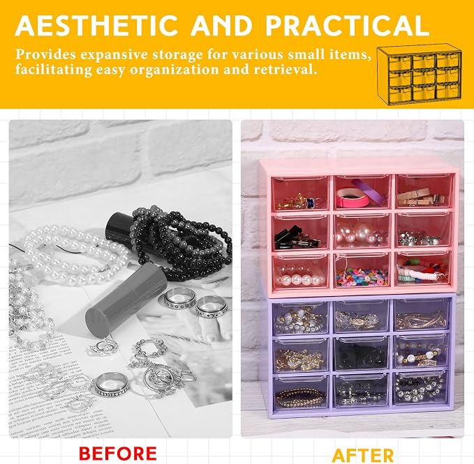 Wenqik 2 Pcs Mini Storage Drawers Teacher Toolbox Organizer with 9 Clear Drawers Small Plastic Desktop Teacher Desk Craft Organizer for Classroom Office 7" x 3. 9" x 4. 7" (Purple, Pink)