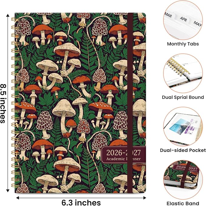 Planner 2026-2027, Monthly and Weekly Calendar Academic Planner July 2026 - June 2027, Hardcover Student Teacher Planning Agenda Book with Tabs, Perfect for Office School Supplies, A5 (6.3" x 8.5") - Autumn Fungi