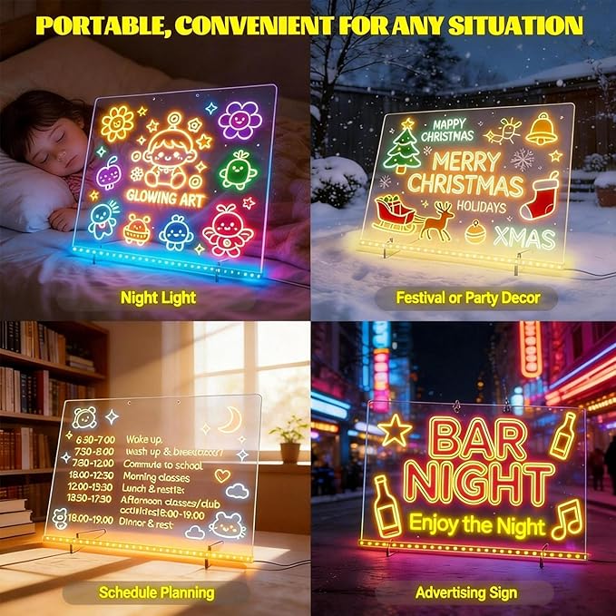 LED Drawing Board for Kids, 3 Pack LED Note Board, Acrylic Light Up Glow Memo Message Lumiboards, Neon Art Magic Pad w/ 7 Markers, Birthday Gift for Kids Girls Teens(8x6 inch,12x8 inch,14x10inch)