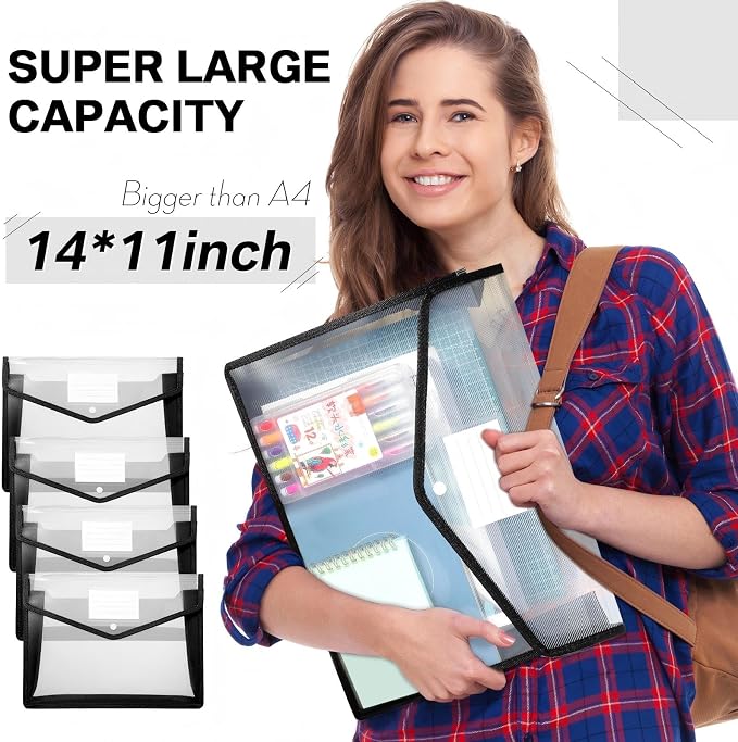 10 Pieces Plastic File Folders Envelope Expanding File Wallet Organizer Documents Folder with Snap Closure and Pocket B4 Waterproof Transparent Pouch for School Office(Black, White,Horizontal)