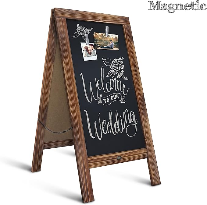 A Frame Chalkboard by HBCY Creations: 40x20 Solid Wood A-Frame Sign Rustic Brown Double-Sided Magnetic Board, Chalkboard Menu Board, for Restaurants, Cafés, Weddings - Heavy Duty Hinges