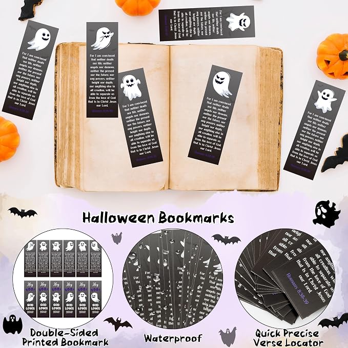 TICIAGA Halloween Religious Christian Bookmarks - 60Pcs Halloween Ghost Bookmarks for Kids, Double Sided Book Tracker Hey Boo Page Marker for Book Lovers, Christian Church Giveaways for Sunday School