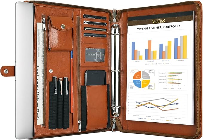 Brown Leather Padfolio for Women/Men, Business Leather Binder 3 Ring Portfolio, Personalized Leather Portfolio Binder, Zippered Portfolio Organizer for A4 Notepad & 13-inch Laptop/Tablet
