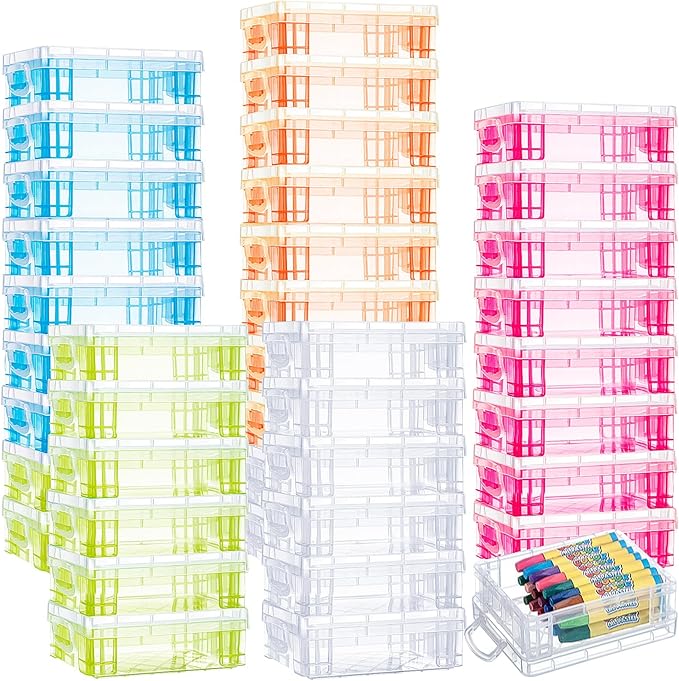 Suzile 40 Pcs Plastic Crayon Boxes Holds 24 Crayon with Snap Lid Storage Container Clear Stackable Case for School Office Classroom Supplies Pen Pencil Craft(Clear, Red, Green, Blue, Orange)