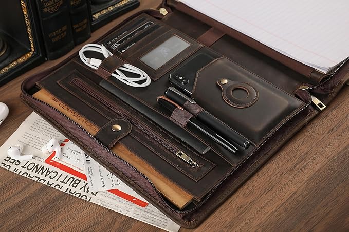 Leather Portfolio for 13-in iPad Pro M4/M5 & 13-in iPad Air M2/M3, Leather Padtfolio with ipad Holder for Letter Size Notepad, Personalized Padfolio for Men - Dark Khaki