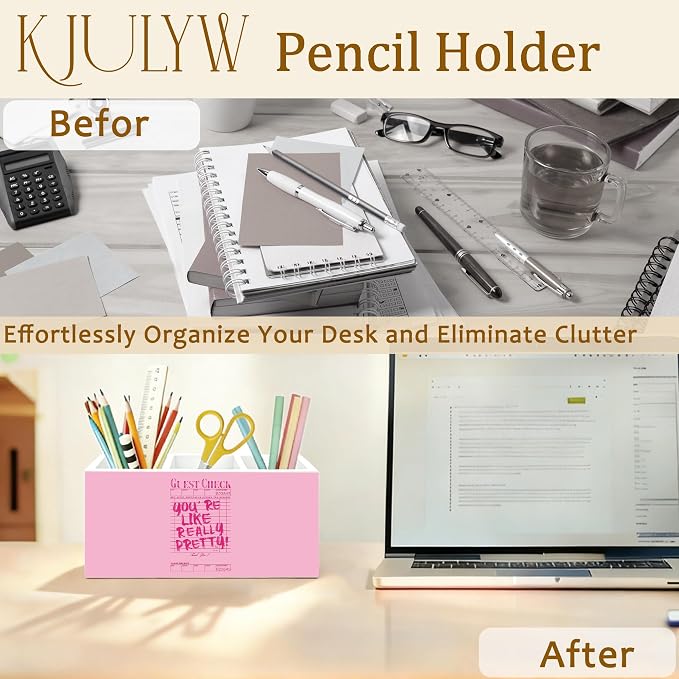 Coquette Trendy Pink Pen Holder for Desk, Pink Office Decor, You're Like Really Pretty Preppy Girly Wooden Box Pencil Pen Holder Organizer for Home Office Desk Accessories