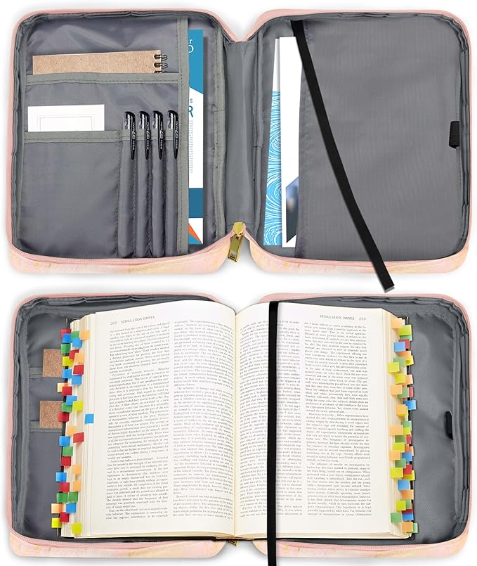 Bible Cover for Women, Bible Holder, Bible Cover Carrier Carrying Organizer Bag, God is Within Her She Will Not Fall, Zipper and Pockets for Standard Size Bible, Gift for Women（Pink Marble）