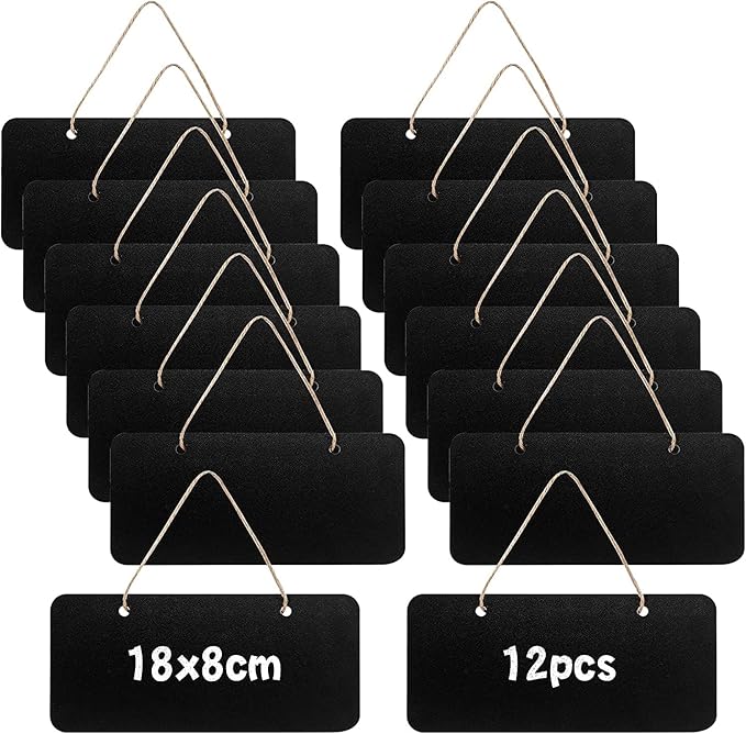 12 Rectangular Chalkboard Signs, Hanging Signs for Office, Welcome & Message Boards, 7x3 Inch Blanks