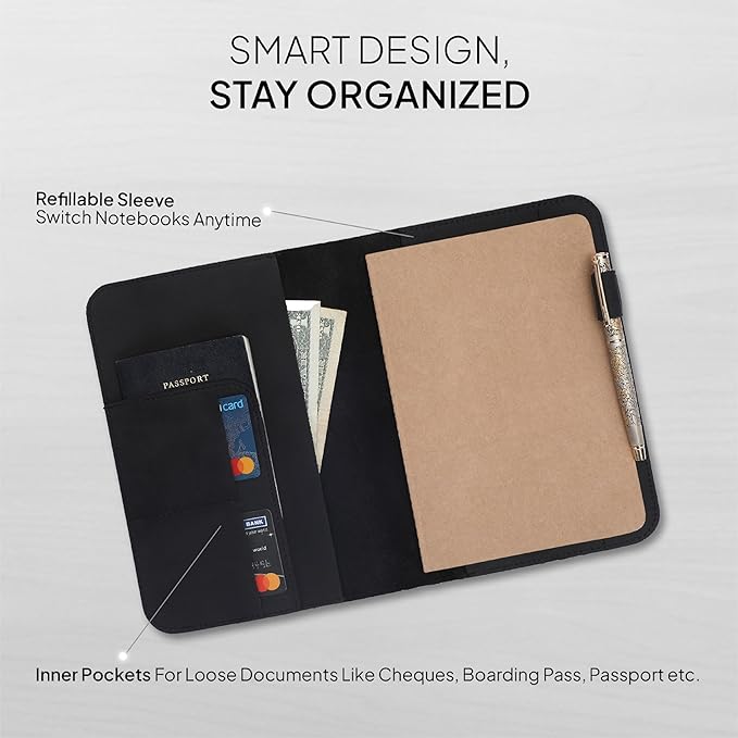A5 Leather Journal Cover for 5.75" x 8.25" Notebook Refill – Genuine Leather Refillable Notebook Cover with Card Slots & Pen Holder, Personal Organizer for Men & Women, Travel Diary (Black)