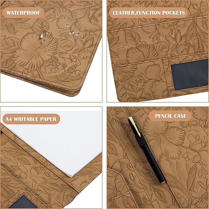Free Engraved Name,Embossed Padfolio Portfolio PU Leather Binder,Interview Resume Folder,Business Card Holder, Organizer with A4 Legal Pads for Men Women(Light Brown,Custom)